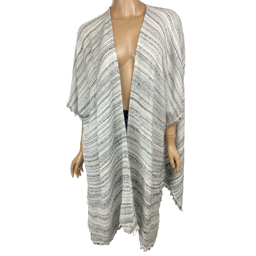 Sonoma Gray Cardigan Ruana Open Front Batwing Sleeve Fringe OS Acrylic/Cotton